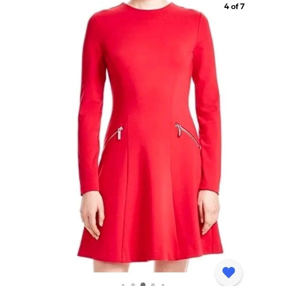 MICHAEL KORS Long Sleeve A-line Zip Ponte Dress Red Blaze 14